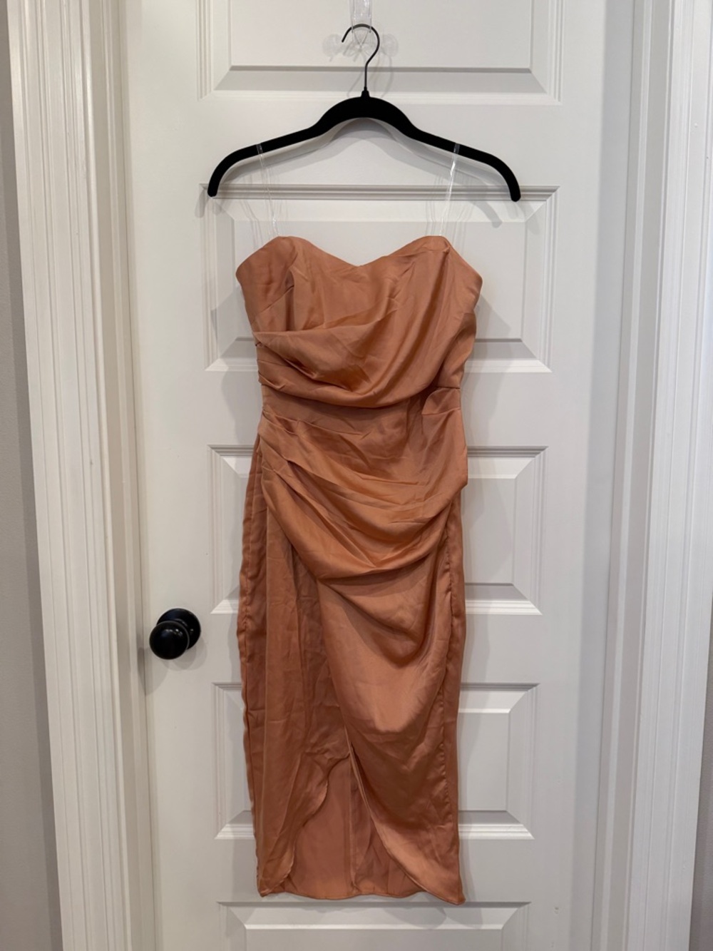 DO+BE Strapless Ruched Midi Dress in Peachy Coral